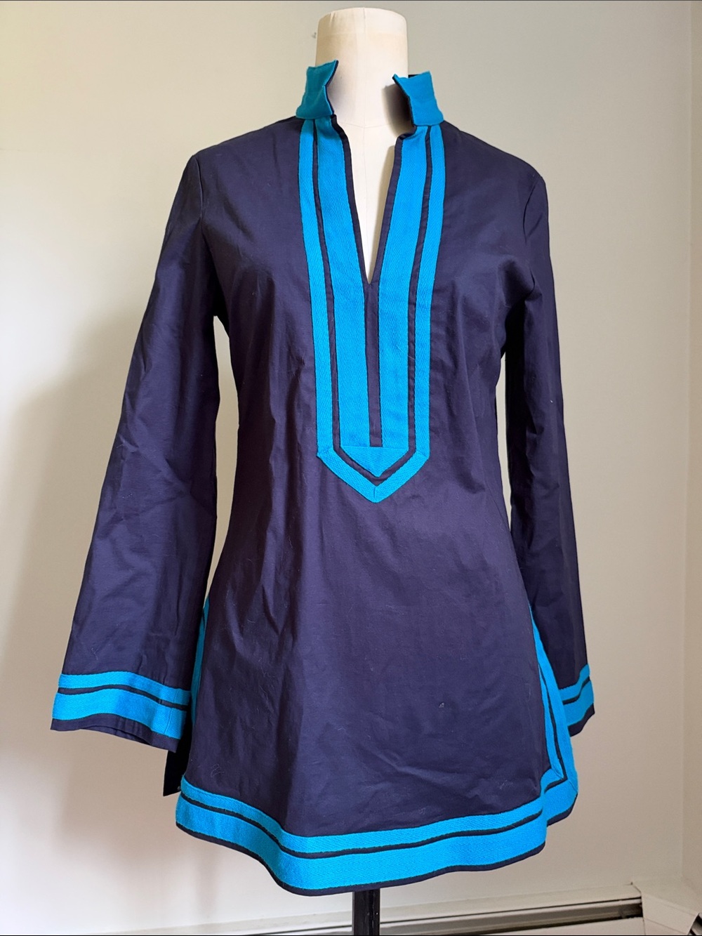 Tory Burch Vintage Tunic Top Navy Turquoise Trim Size 4 Small